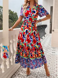 Robe Maxi À Manches Courtes Et Col En V Pour Femmes Imprimé Floral Abstrait Coloré En Viscose Style Vacances