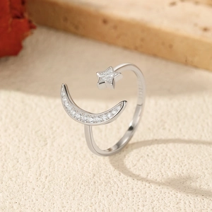 S925 sterling silver adjustable open ring with sparkling crystal star and moon motifs