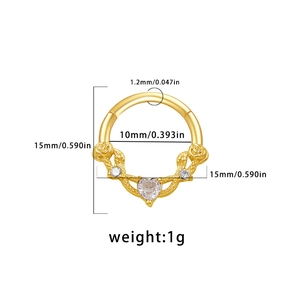 Detailed size chart for golden heart nose ring with rose design and clear zircon stones