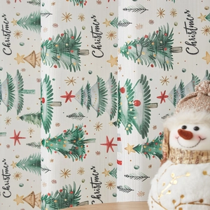 Detail of Christmas curtain fabric with hand-drawn tree prints and snowman decor