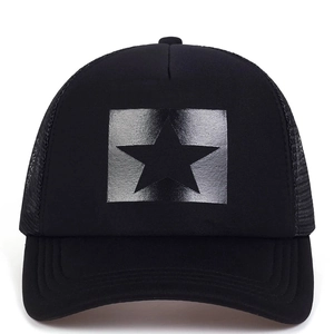 Fashionable black trucker hat with silver star patch and breathable mesh back for outdoor