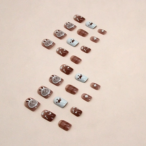 Cute bunny press-on nails set with mocha brown and blue cartoon art in short square shape