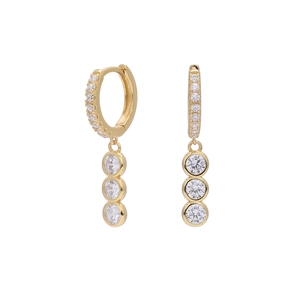 Close-up of gold S925 sterling silver hoop earrings with three dangling round zircons