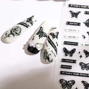 3D butterfly nail stickers and press-on nail set with black rose and heart pearl charms