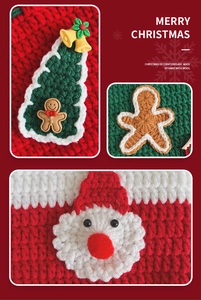 Detailed knit texture of handmade wool Christmas gift bags featuring Santa and gingerbread man