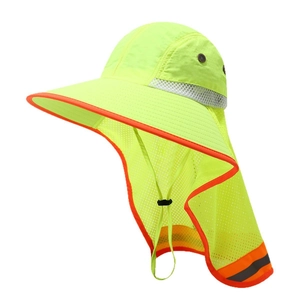 High visibility reflective safety sun hat with neck flap and breathable mesh in neon yellow