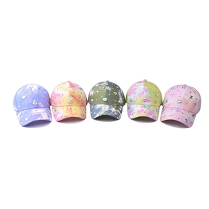 Tie-dye baseball caps for women and men featuring colorful rhinestones and sapphire accents