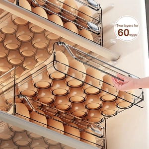 2-tier drawer-style refrigerator egg holder for 60 eggs in clear brown plastic design