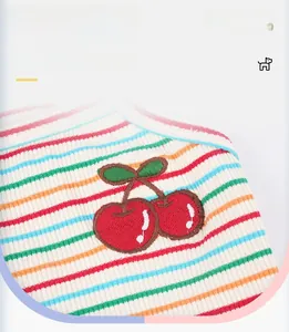 Detail of colorful striped pet vest featuring high-quality 3D cherry embroidery