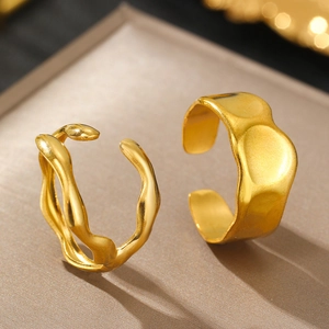 Minimalist irregular gold stainless steel rings with wave and hammered textures