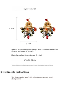 Detailed view of crystal flower tassel earrings with 925 silver needle and size markings