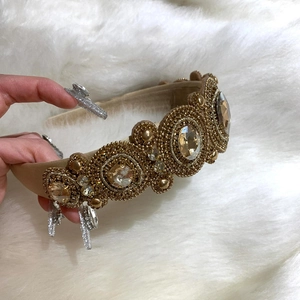 Vintage luxury gold headband with sparkling crystals and bead embroidery for women