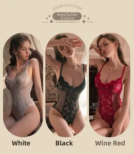 Detailed color selection showing white, black, and burgundy lace mesh lingerie teddies