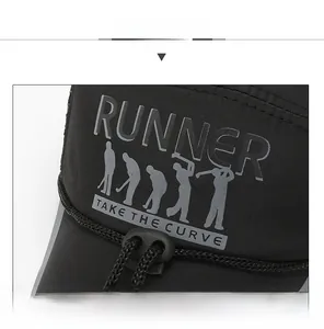 Detail of RUNNER print and woven rope on black breathable quick-dry baseball cap