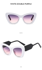 Front and side view of white cat-eye sunglasses with purple gradient lenses