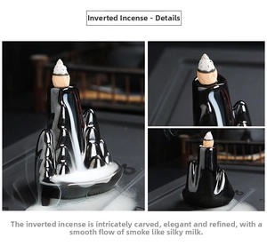 Macro view of mountain-shaped black ceramic backflow incense burner showing silk-like smoke