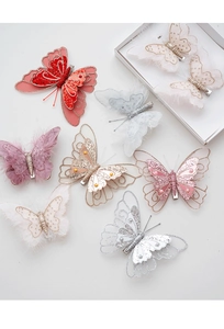 Glitter feather butterfly Christmas tree ornaments in various colors with metal clips