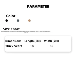 Size chart showing 190x65 cm dimensions and color options for the bohemian shawl