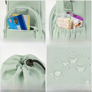 Water-resistant light green insulated water bottle bag with side pockets and drawstring