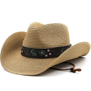 Western Cowboy Straw Hat Women Embroidered Floral Band Wide Brim Adjustable Windproof Rope Ethnic Style Sun Protection