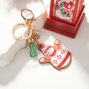 Christmas Snowman Keychain Wooden Pendant With Green Tassel Metal Lobster Clasp Sequin Ball Holiday Bag Hanging Decor Gift