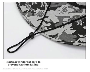 Detail of adjustable windproof drawstring and secure plastic buckle on camouflage sun hat