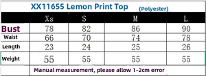 Detailed size chart for the lemon print crop top with measurements in centimeters