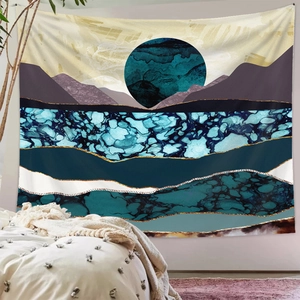 Close-up of Nordic abstract mountain tapestry showing gold texture and soft fabric detail