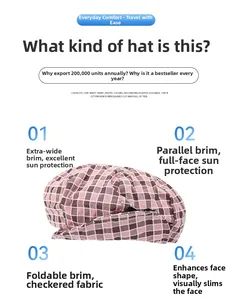 Detail of pink plaid newsboy cap featuring an extra wide foldable brim for sun protection