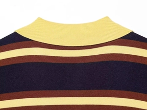 Detail of high-elastic rib knit fabric and striped polo collar in navy, brown and cream