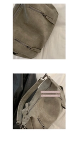 Detail view of olive green tote with multiple exterior zipper pockets and leather texture