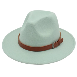 Detail of light green wool fedora hat with brown leather belt and silver metal buckle
