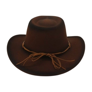 Detail of vintage brown felt cowboy hat with classic pinch crown and string bow