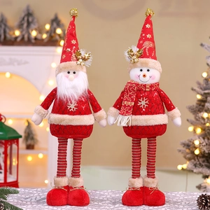 Detail of retractable plush Santa and Snowman ornaments with gold sequins and knit fabric