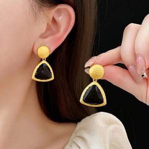 Vintage geometric gold matte earrings with black triangle inlay for a luxury look