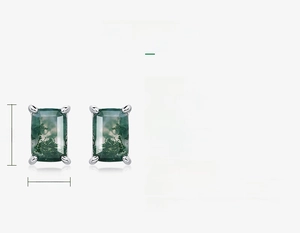 Detailed size specifications for rectangular green moss agate stud earrings in S925 silver