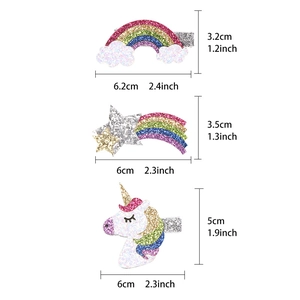 Set di fermagli glitterati unicorno, arcobaleno e stelle con misure dimensionali