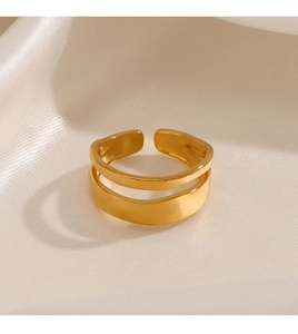 Detail of minimalist double-layer 18K gold-plated stainless steel ring on silk background