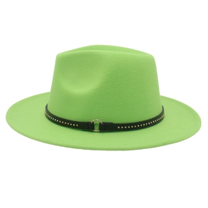 Detail of neon green felt fedora featuring black leather band with gold rivets and ring