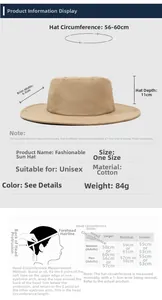 Size chart for unisex outdoor sun hat featuring dimensions, head circumference and weight