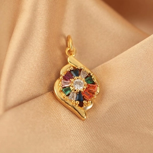 18K gold plated flower pendant necklace with colorful zircons on silk background