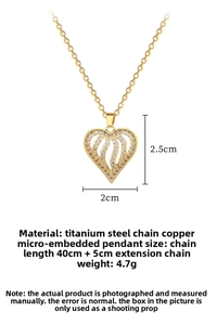 Detail showing gold heart pendant with micro-set zircons and titanium steel chain