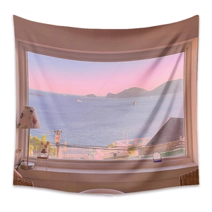Detailed texture of polyester tapestry showing minimalist ocean sunset window scene