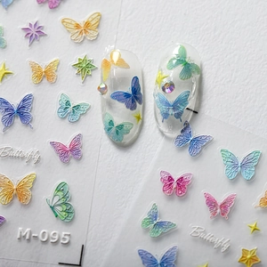5D embossed butterfly nail stickers with gradient macaron colors and star patterns