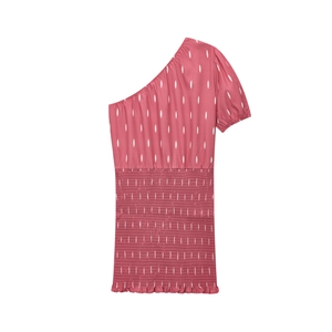 Robe asymétrique rose avec imprimé gouttes blanches et taille froncée pour femmes