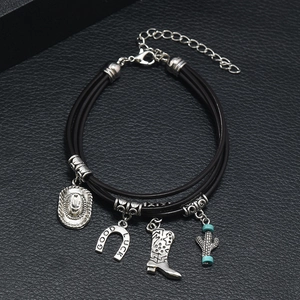 Adjustable multi-layer black leather bracelet with silver horseshoe and cowboy charms