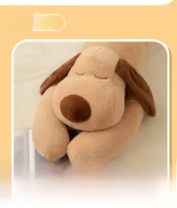 Close-up of cute plush dog pillow featuring soft fabric and detailed sleepy eye embroidery