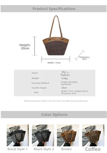 Size chart showing 20x19cm dimensions and material details for the plaid bucket bag