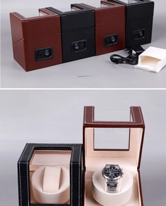 Rear view and open display of carbon fiber leather watch winder with power adapter