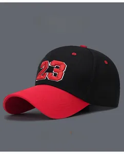 Close-up of red and black baseball cap with premium 3D number 23 embroidery